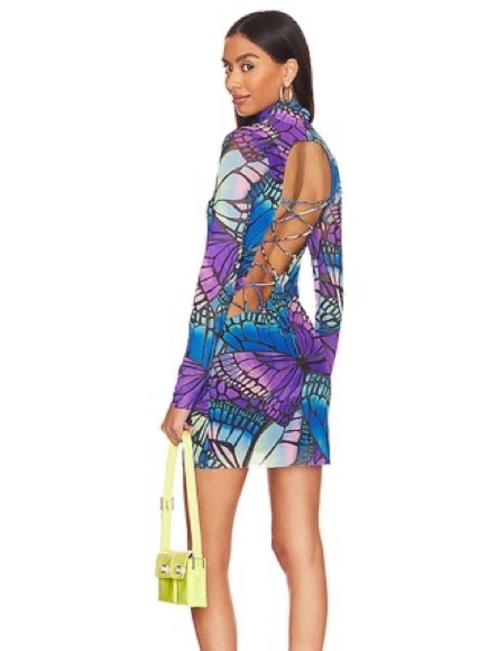 AFRM Butterfly-Print Lace-Up Open-Back Mini Dress in Purple & Blue